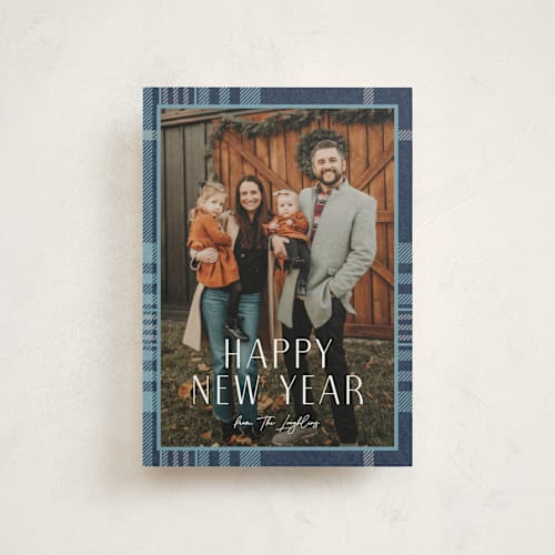 This is a navy christmas postcards with standard by Annie Holmquist called foiled plaid printing on signature in postcard