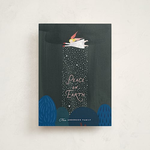 This is a forest christmas postcards with standard by Eve Schultz called snow angel printing on signature in postcard