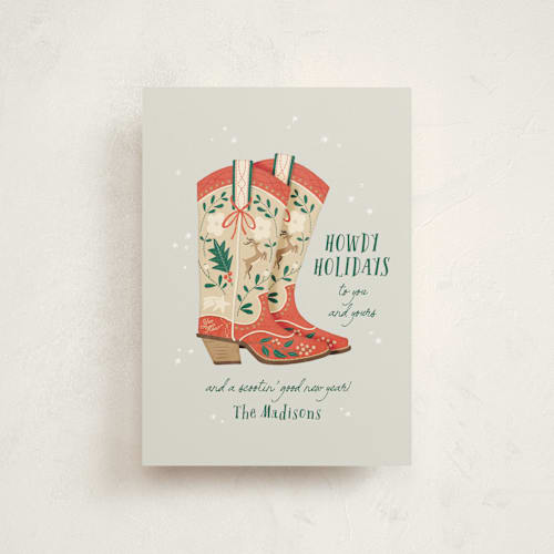 This is a fog christmas postcards with standard by Leia Matt called howdy holidays boots printing on signature in postcard