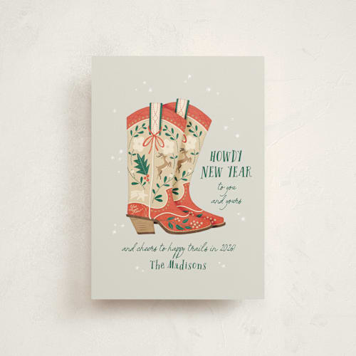 This is a fog christmas postcards with standard by Leia Matt called howdy holidays boots printing on signature in postcard
