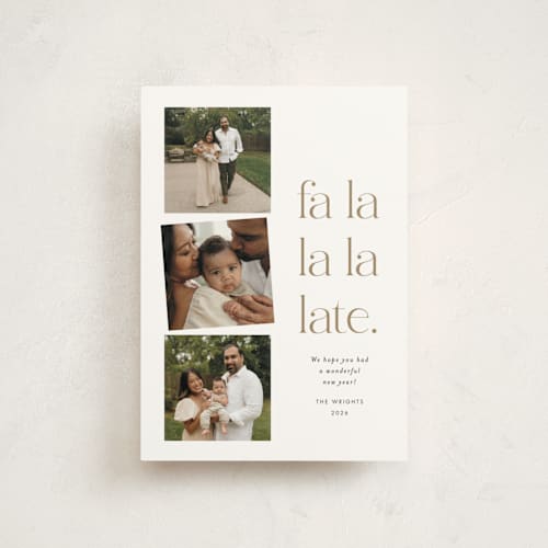 This is a golden christmas postcards with standard by Amy Payne called fa la la la late printing on signature in postcard