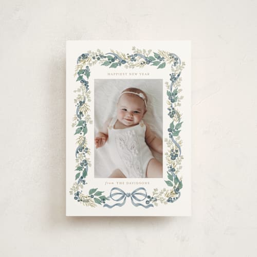 This is a blueberry christmas postcards with standard by Jackie Crawford called watercolor bow garland printing on signature in postcard