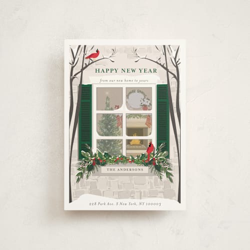 This is a pine christmas postcards with standard by Susan Moyal called holiday window printing on signature in postcard