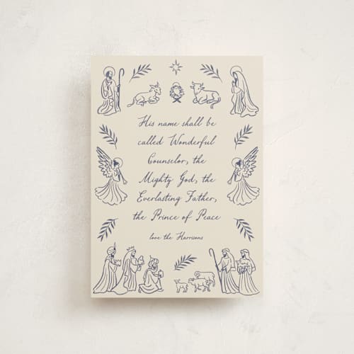 This is a indigo christmas postcards with standard by Jamie Alexander called nativity printing on signature in postcard