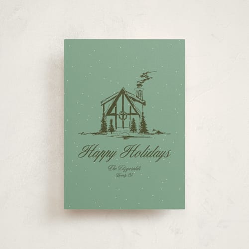 This is a pine christmas postcards with standard by Jen Ramsey called christmas cabin printing on signature in postcard