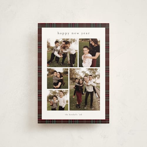 This is a burgundy christmas postcards with standard by Stacey Meacham called plaid collage printing on signature in postcard