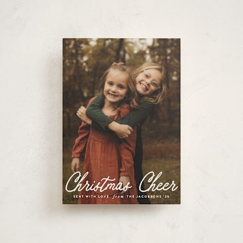 This is a snowfall christmas postcards with standard by Karidy Walker called cheerful script printing on signature in postcard