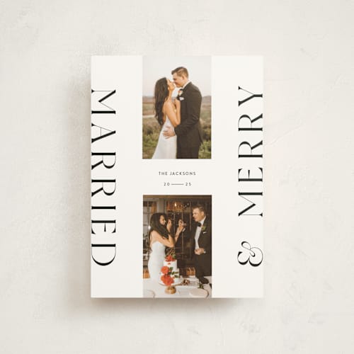 This is a snowflake christmas postcards with standard by Laura Bercovich called merrily married printing on signature in postcard