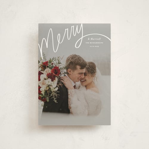 This is a wedding cake christmas postcards with standard by Becky Nimoy called merry hand lettered script printing on signature in postcard