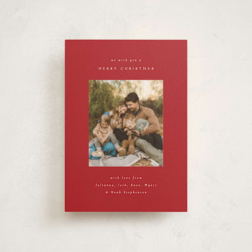 This is a cranberry christmas postcards with standard by Emily Sabol Goss called timeless holiday printing on signature in postcard