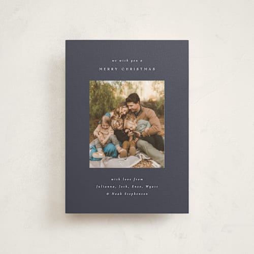 This is a indigo christmas postcards with standard by Emily Sabol Goss called timeless holiday printing on signature in postcard