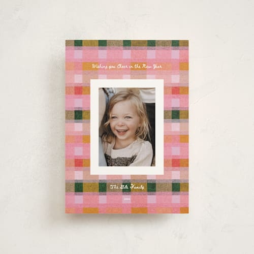 This is a fruitcake christmas postcards with standard by Carrie Moradi called festive checked plaid printing on signature in postcard