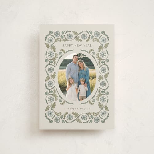 This is a cottage blue christmas postcards with standard by Jen Owens called heritage wrap printing on signature in postcard