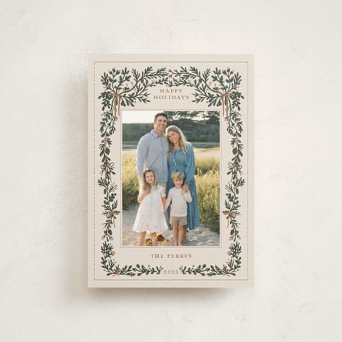 This is a champagne christmas postcards with standard by Angel Walker called merriest botanicals printing on signature in postcard