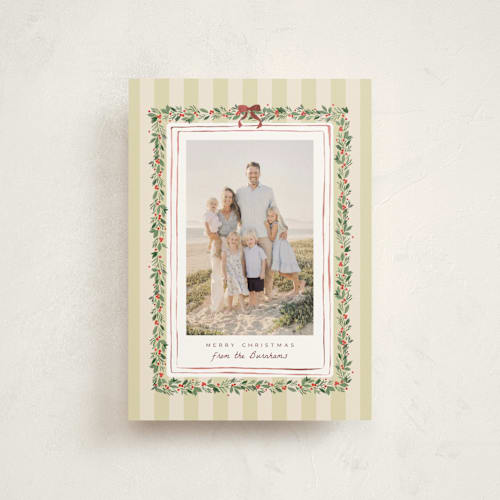 This is a pear christmas postcards with standard by Everett Paper Goods called coastal garland printing on signature in postcard