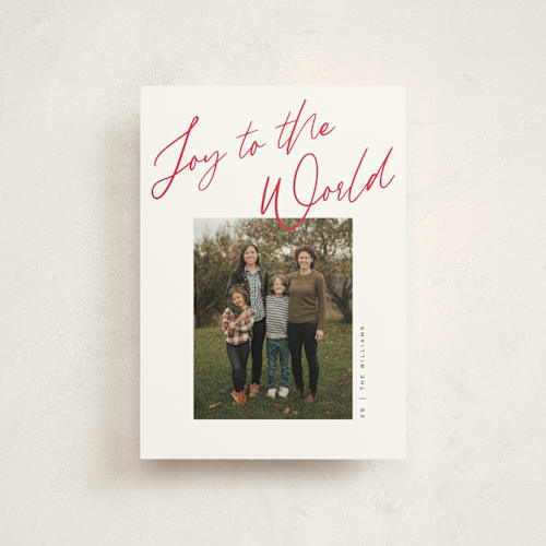 This is a cranberry christmas postcards with standard by Pixel and Hank called joy the the world scripted printing on signature in postcard