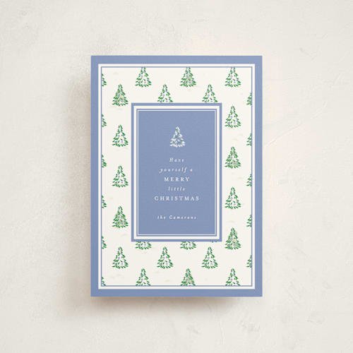 This is a provincial blue christmas postcards with standard by Corinne Malesic called little trees printing on signature in postcard