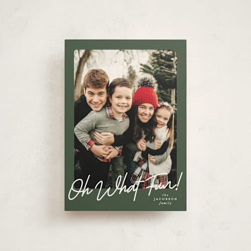 This is a forest christmas postcards with standard by Karidy Walker called oh what fun script printing on signature in postcard