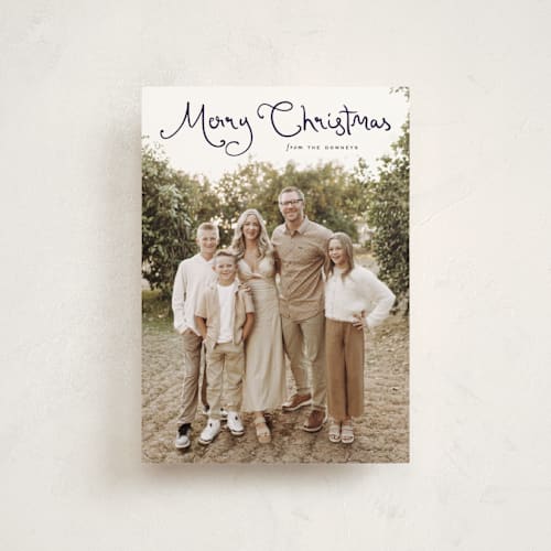 This is a navy christmas postcards with standard by Sara Hicks Malone called christmas script printing on signature in postcard