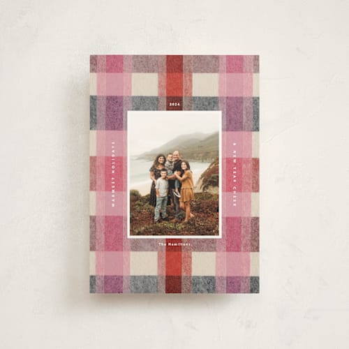 This is a cranberry christmas postcards with standard by Carrie Moradi called cozy checked plaid printing on signature in postcard