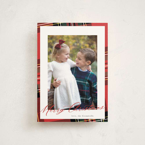 This is a classic red christmas postcards with standard by Cindy Reynolds called yule plaid printing on signature in postcard