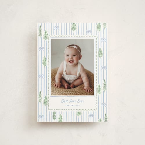 This is a blue jay christmas postcards with standard by Creo Study called trees and bows printing on signature in postcard