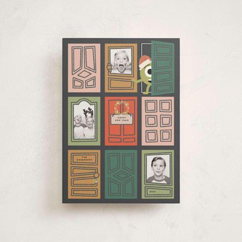 This is a santa christmas postcards with standard by Claudia Orengo called pixar's mosters inc holiday doors printing on signature in postcard