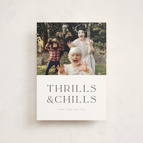 This is a ghost halloween party invitations cards with standard by Angela Garrick called thrills and chills printing on signature in postcard