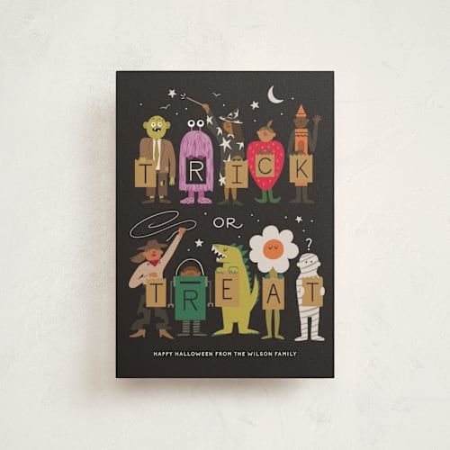 This is a chalkboard halloween party invitations cards with standard by Morgan Ramberg called trick or treaters printing on signature in postcard