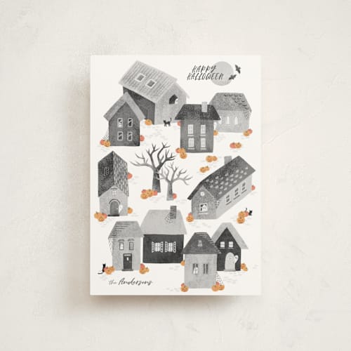 This is a soot halloween party invitations cards with standard by Dani Lugato called pumpkin village printing on signature in postcard