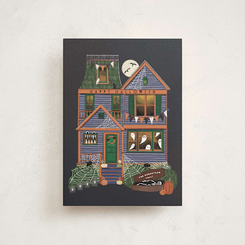 This is a persimmon halloween party invitations cards with standard by Becky Nimoy called halloween house printing on signature in postcard