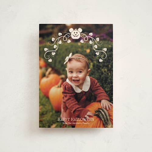 This is a cream halloween party invitations cards by Susan Varghese called disney's mickey mouse halloween pumpkin printing on signature in postcard