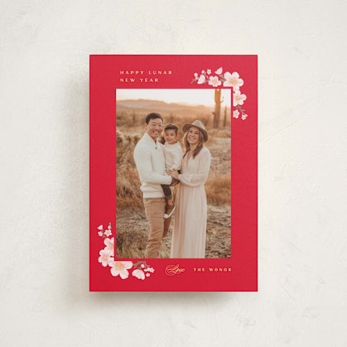 This is a scarlet chinese new year cards with standard by Creo Study called plum goodness printing on signature in postcard