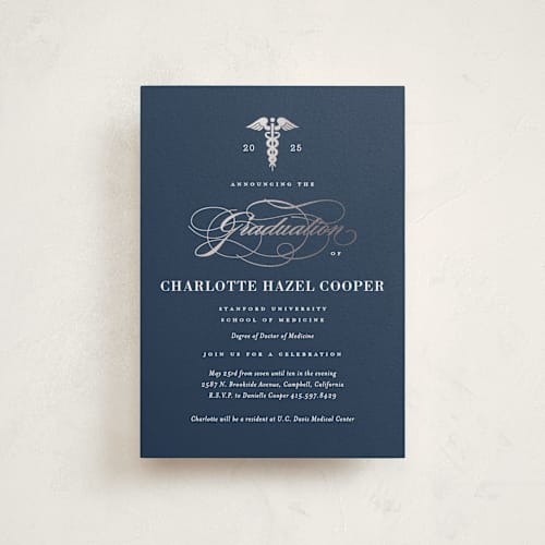 This is a navy graduation invitations with foil pressed by Jill Means called medical degree printing on signature in petite