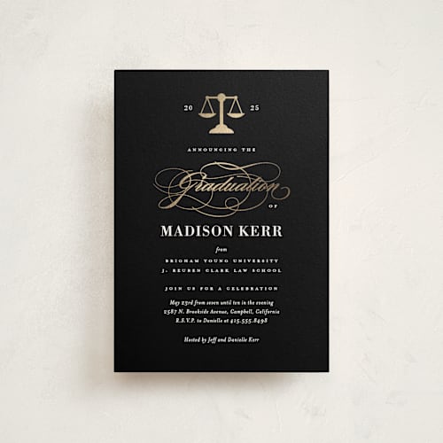 This is a ink graduation invitations with foil pressed by Jill Means called law degree printing on signature in postcard