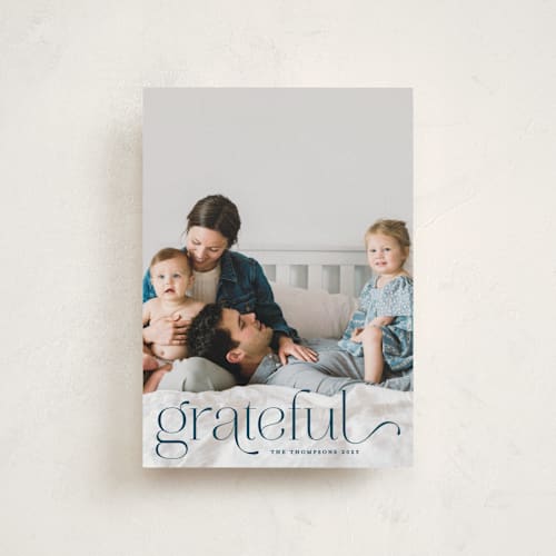 This is a denim thanksgiving cards invitations with standard by Kristel called we are grateful printing on signature in postcard