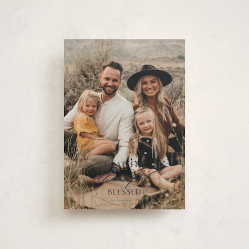 This is a navy thanksgiving cards invitations with standard by Emily Betts called grateful thankful blessed printing on signature in postcard