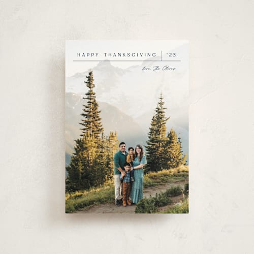 This is a navy thanksgiving cards invitations with standard by Carolyn MacLaren called off the grid printing on signature in postcard