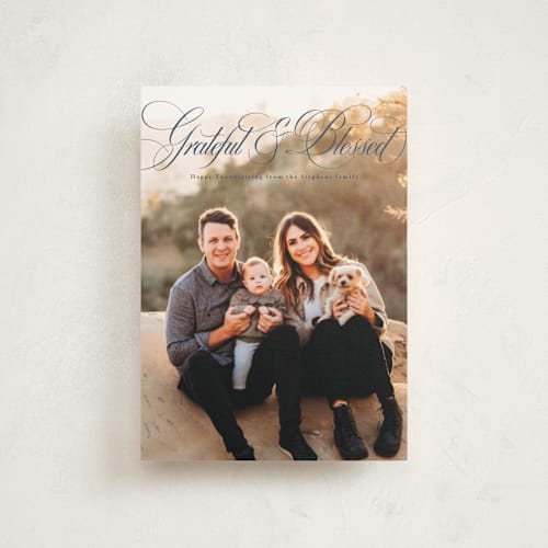 This is a navy thanksgiving cards invitations with standard by Lea Delaveris called grateful and blessed printing on signature in postcard