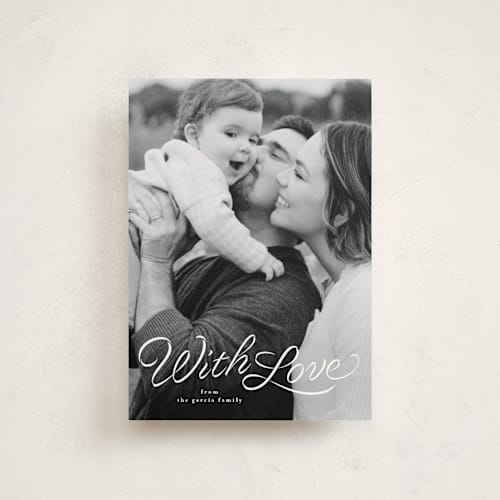 This is a snow valentine postcards with standard by Lea Delaveris called ribbon script printing on signature in postcard