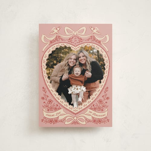 This is a dusty rose valentine postcards with standard by Jenna Holcomb called vintage heart printing on signature in postcard