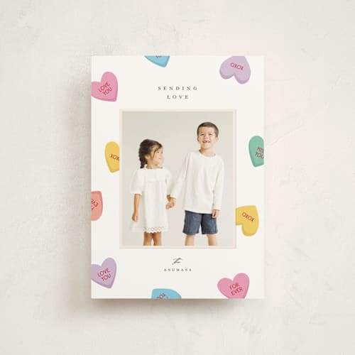 This is a pastel valentine postcards with standard by Ellen Schlegelmilch called candy hearts printing on signature in postcard