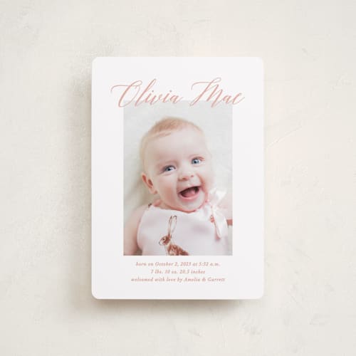 This is a sweet pea petite birth announcements with standard by Jennifer Postorino called sweet script printing on recycled smooth signature in petite