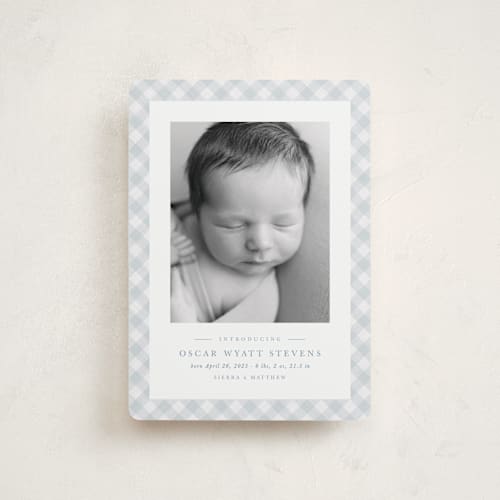 This is a sky petite birth announcements with standard by Lea Delaveris called checked printing on recycled smooth signature in petite