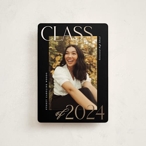 This is a licorice graduation announcements with foil pressed by Jessica Williams called scholarly surround printing on recycled smooth signature in petite