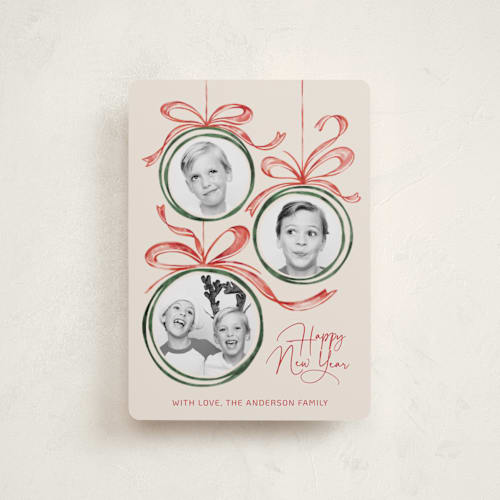This is a candy cane petite holiday cards with standard by Paper Sun Studio called baubles and bows printing on recycled smooth signature in petite