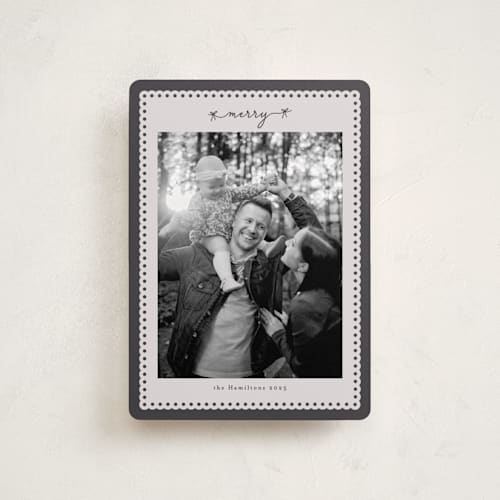 This is a charcoal petite holiday cards with standard by Nicole Walsh called merry bows printing on recycled smooth signature in petite
