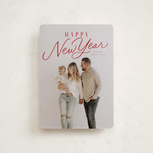 This is a cherry petite holiday cards with standard by Everett Paper Goods called spirited script printing on recycled smooth signature in petite
