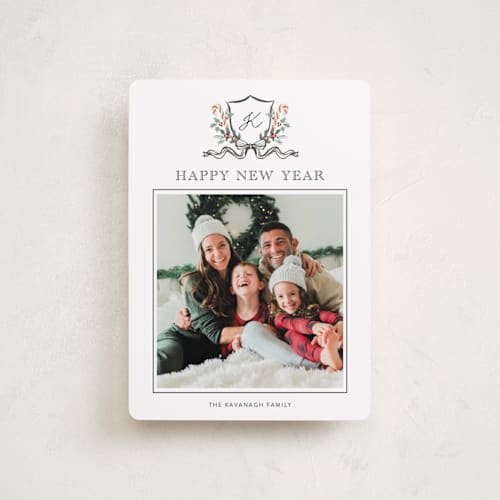This is a bells petite holiday cards with standard by Cass Loh called family crest printing on recycled smooth signature in petite