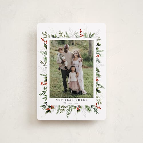 This is a peppermint petite holiday cards with standard by Susan Moyal called classic greenery printing on recycled smooth signature in petite